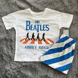 The Beatles Shirt & Striped Shorts Outfit White Blue Toddler 4T Unisex NEW